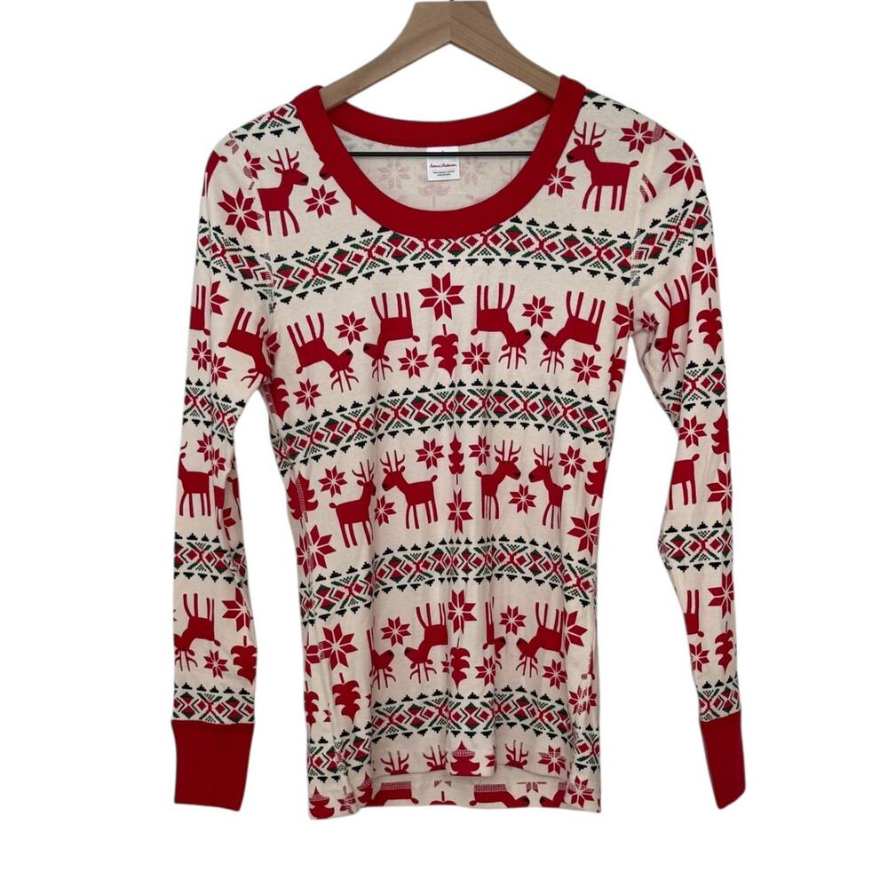 Hanna Andersson Girls Small Christmas Pajama Top Red Reindeer Nordic Knit